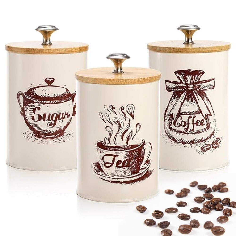 Coffee Tea Sugar Container Set - 3-częściowy metalowy zestaw pojemników na kawę
