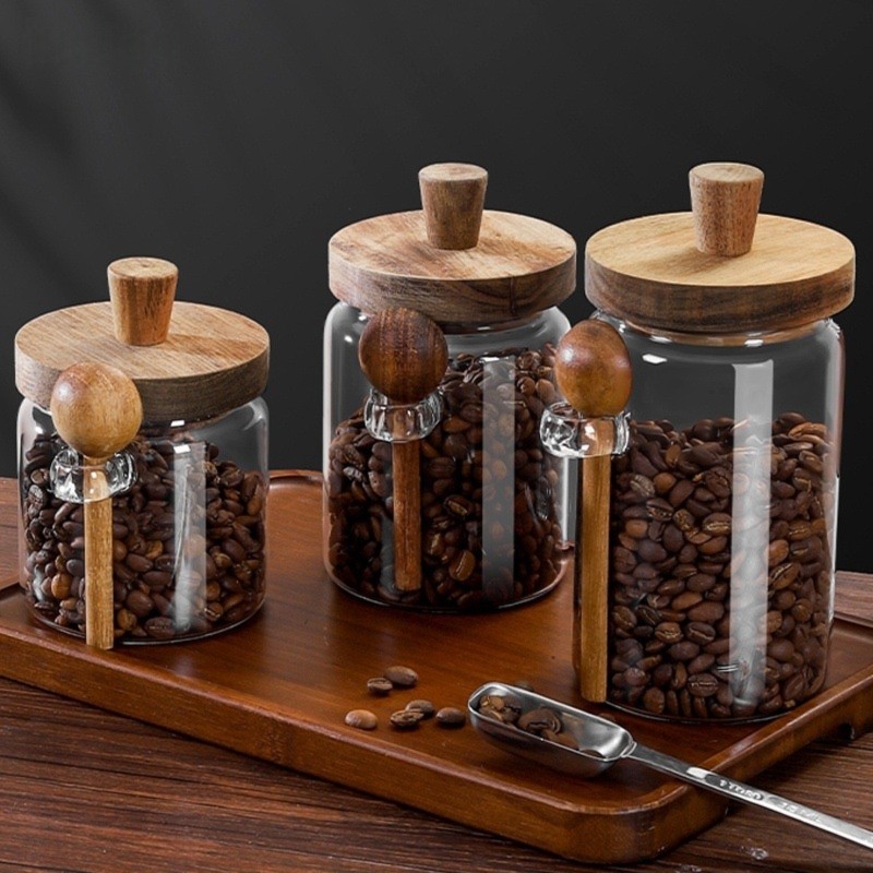 Coffee Tea Sugar Container Set - ABJI - Szklane słoiki z drewnianymi