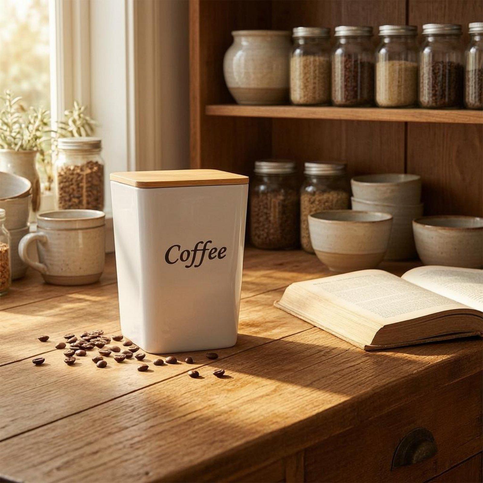 Coffee Tea Sugar Container Set - Zestaw metalowych pojemników z bambusowymi pokrywkami